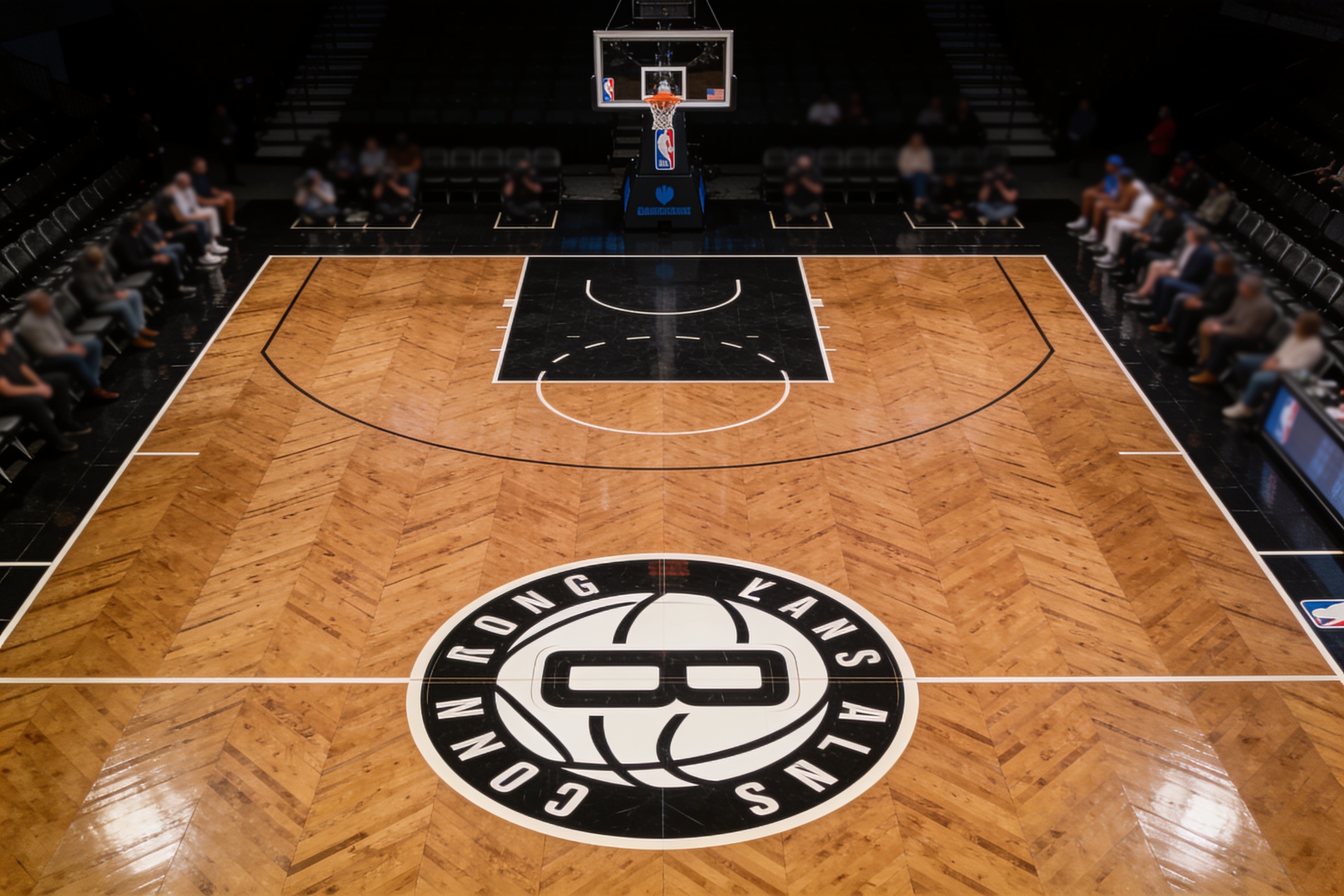 NBA标准篮球场地俯视角度，深色木质地板纹理清晰，中央球场Logo醒目，两侧观众席虚化处理形成自然暗角