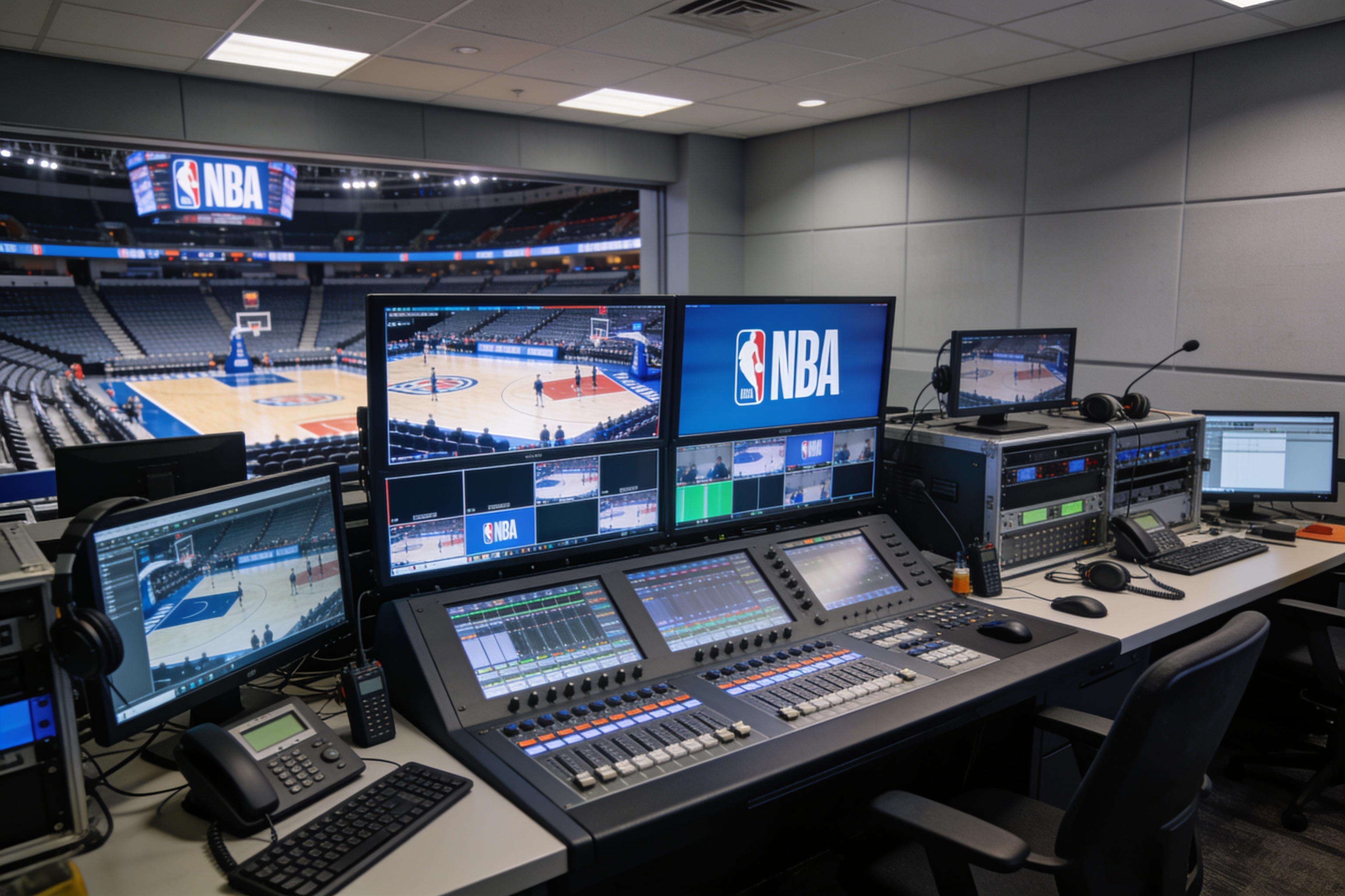 NBA赛事信号调度中心控制台显示多路直播源同步画面
